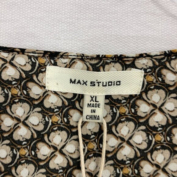 New Max Studio Brown Cream Floral Geometric Boho Print Ruffle Detail Blouse XL - Picture 2 of 10